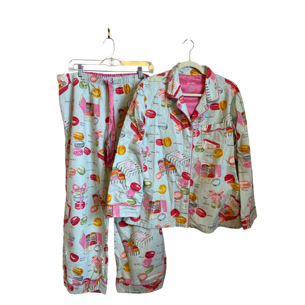 Nick & Nora Womens XL Pajama Set Blue Pink Macaron Print Cotton Flannel 2PC PJs